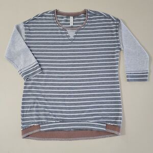 Cato Gray Striped Mixed Media Crewneck Sweatshirt